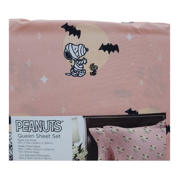 Peanuts Queen Sheet Set By Berkshire Pink Halloween Snoopy Bats - Picture 6 of 7